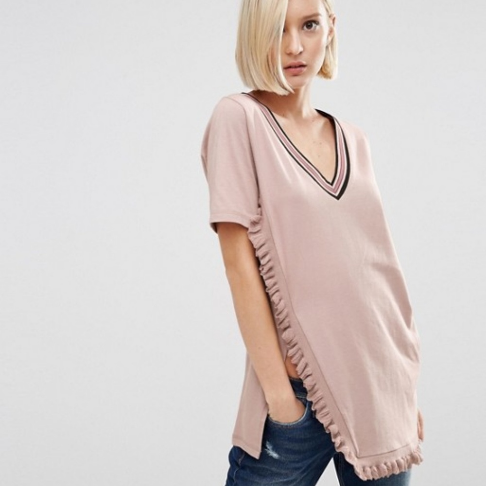 Longline, V-Neck T-Shirt with Ruffle Detail